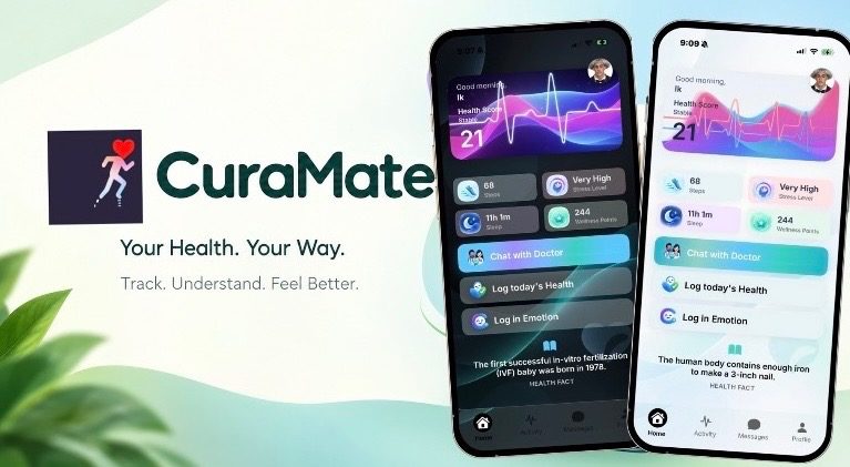 CuraMate promo: the CuraMate logo with 'Your Health. Your Way. Track. Understand. Feel Better.' next to two iPhones showing the health dashboard in dark and light mode