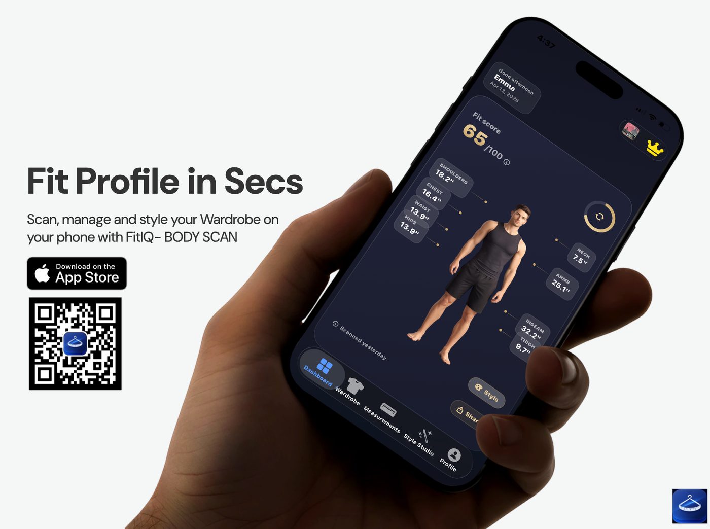 FitIQ promo: 'Fit Profile in Secs — Scan, manage and style your wardrobe on your phone with FitIQ Body Scan' next to a hand holding an iPhone showing a body-scan fit score and measurements