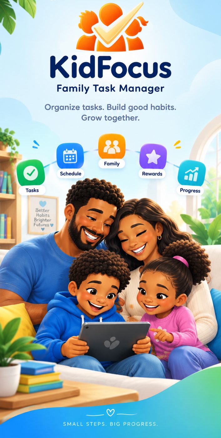 KidFocus promo: the KidFocus logo with 'Family Task Manager — Organize tasks. Build good habits. Grow together.', icons for tasks, schedule, family, rewards and progress, and an illustrated family using a tablet