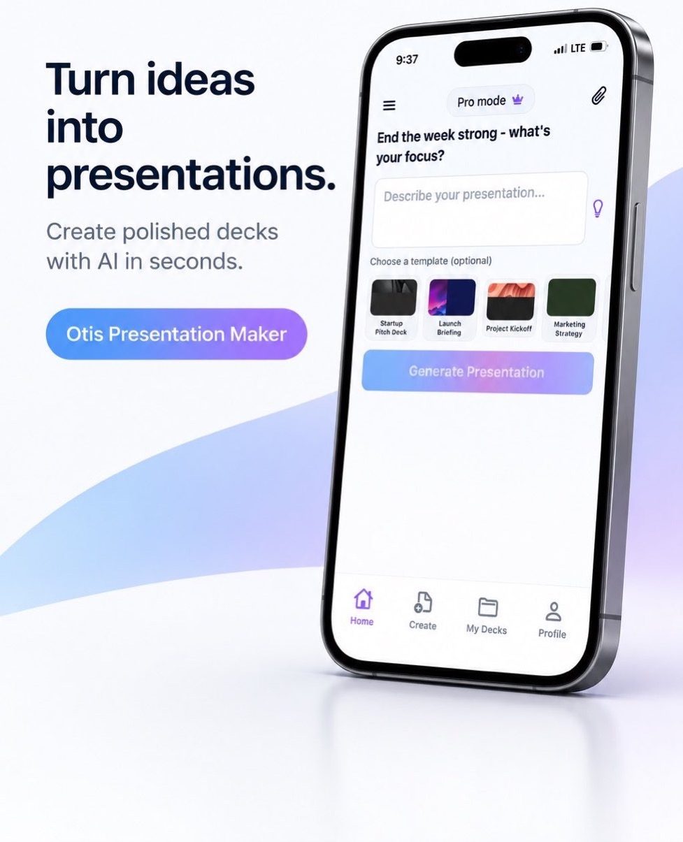 Otis promo: 'Turn ideas into presentations. Create polished decks with AI in seconds.' beside an iPhone showing the Otis Presentation Maker prompt screen and template picker