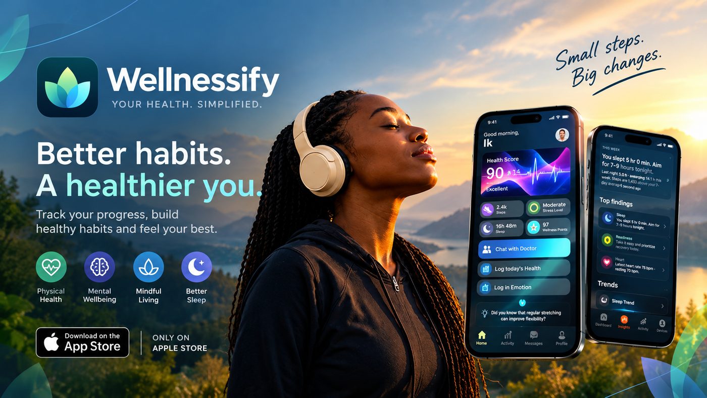 Wellnessify promo: 'Your health. Simplified. Better habits. A healthier you.' with a woman wearing headphones at sunrise and two iPhones showing health score, sleep and trends